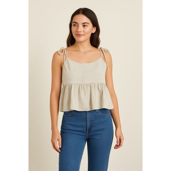 POL Beige Striped Tie Strap Ruffle Peplum Top Size Small - Picture 1 of 5